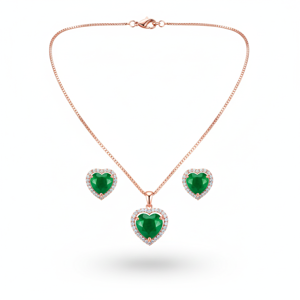 Heart Halo Emerald Pendant Set