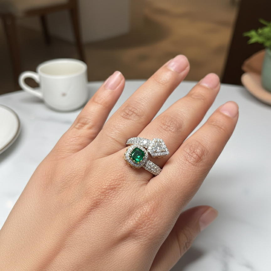 Carving Trillion and Emerald Ring