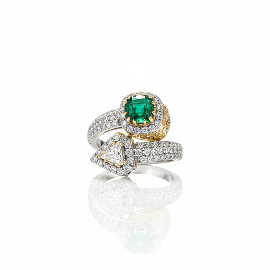 Carving Trillion and Emerald Ring