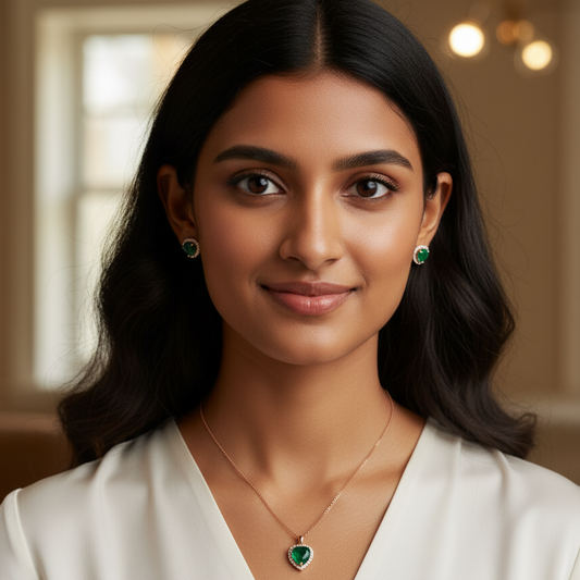 Heart Halo Emerald Pendant Set