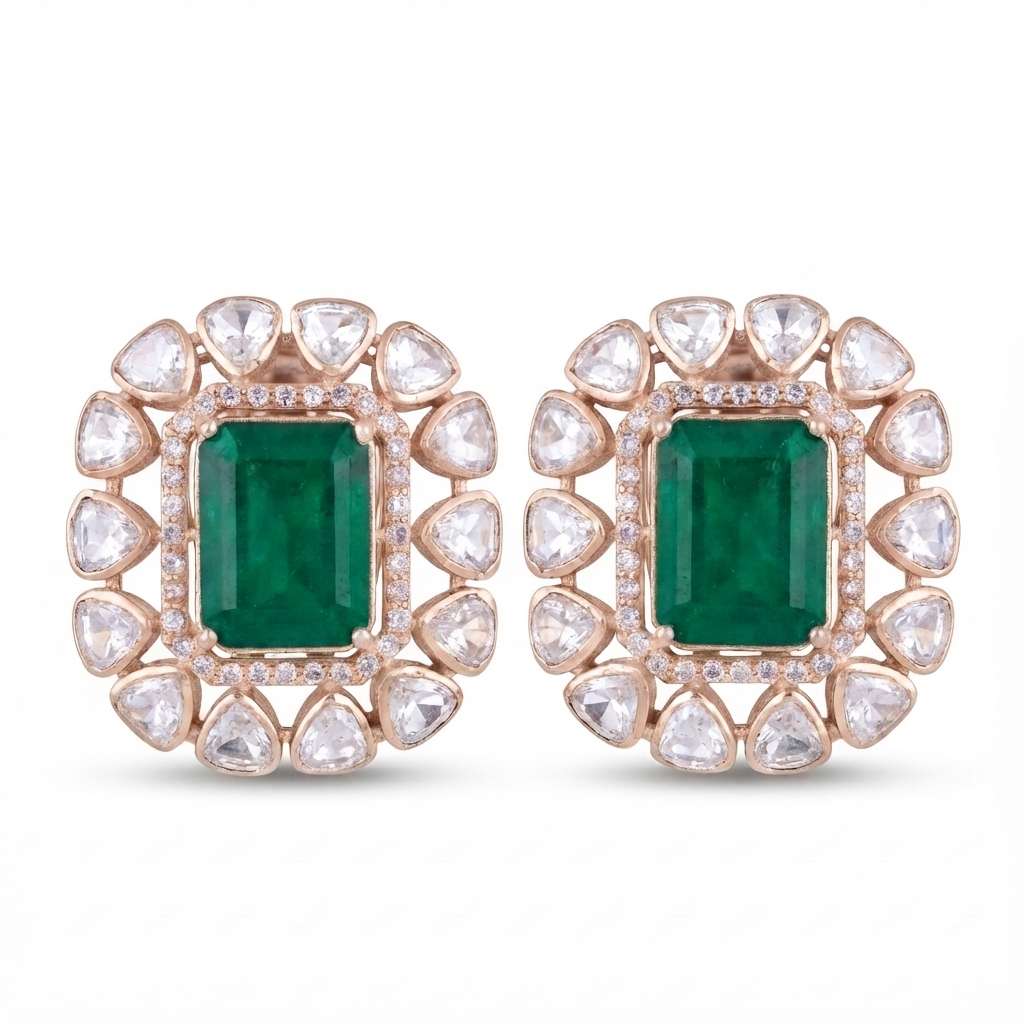 Royal Emerald Polki Moissanite Studs