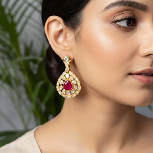 Moissanite Polki Floral Ruby Earrings