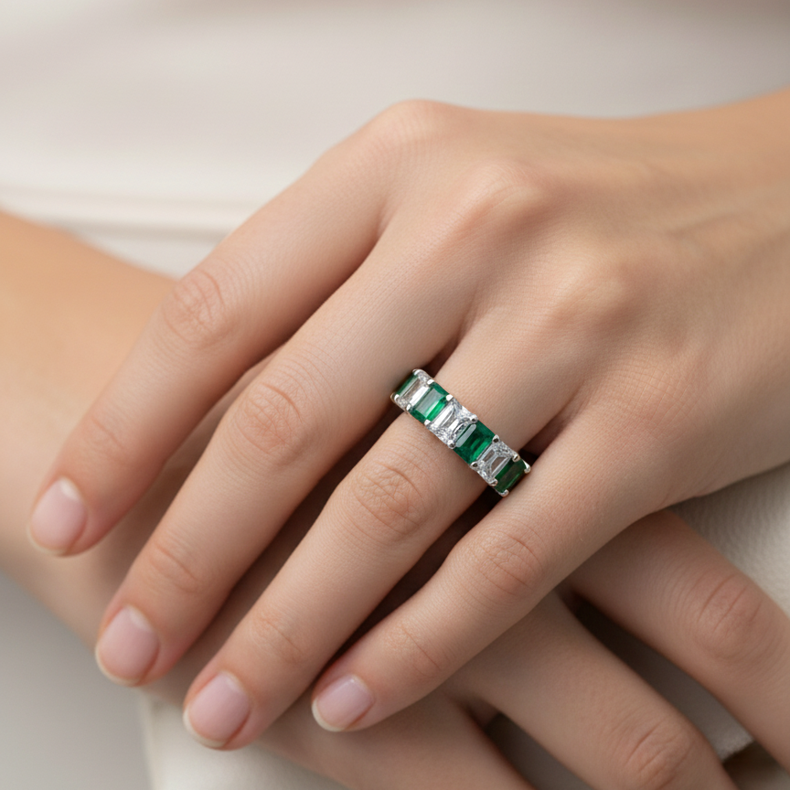 Emerald Diamond Half Eternity Ring