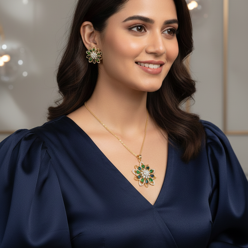 Floral Diamond Pendant Set