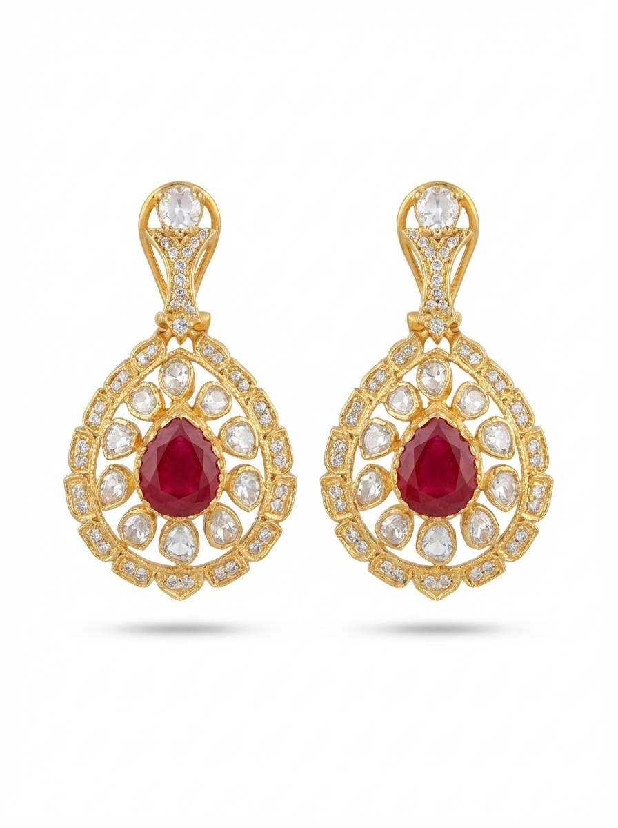Moissanite Polki Floral Ruby Earrings