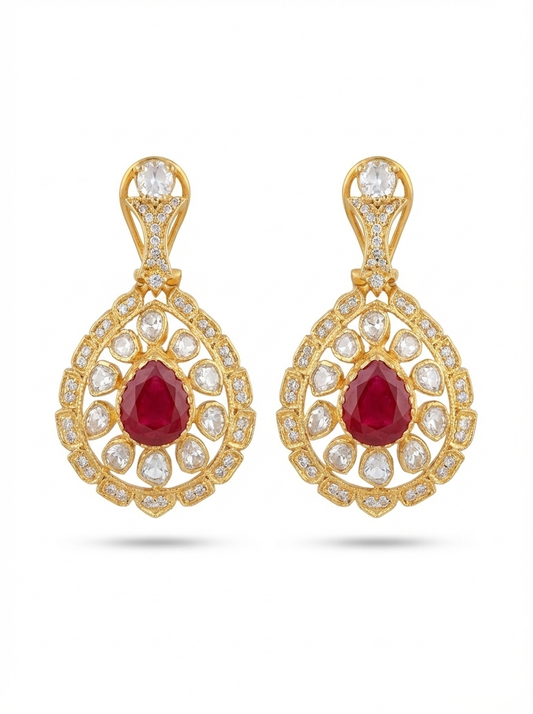 Moissanite Polki Floral Ruby Earrings