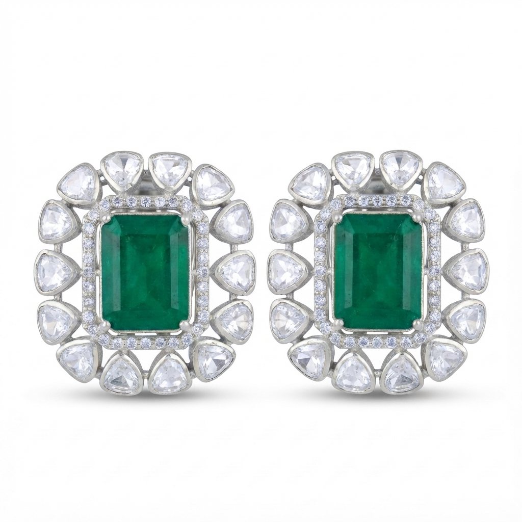 Royal Emerald Polki Moissanite Studs