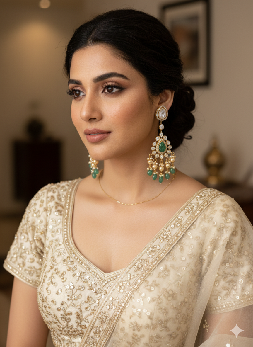 Moissanite Polki Emerald Earrings