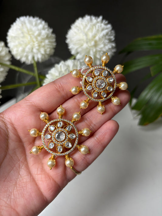 Moissanite Polki Sun Pearl Earrings