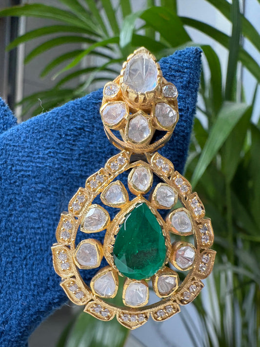 Emerald Moissanite Polki Dangler