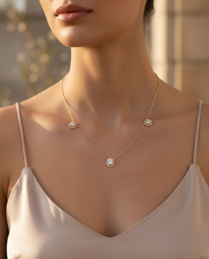 Oval Halo Trio Necklace