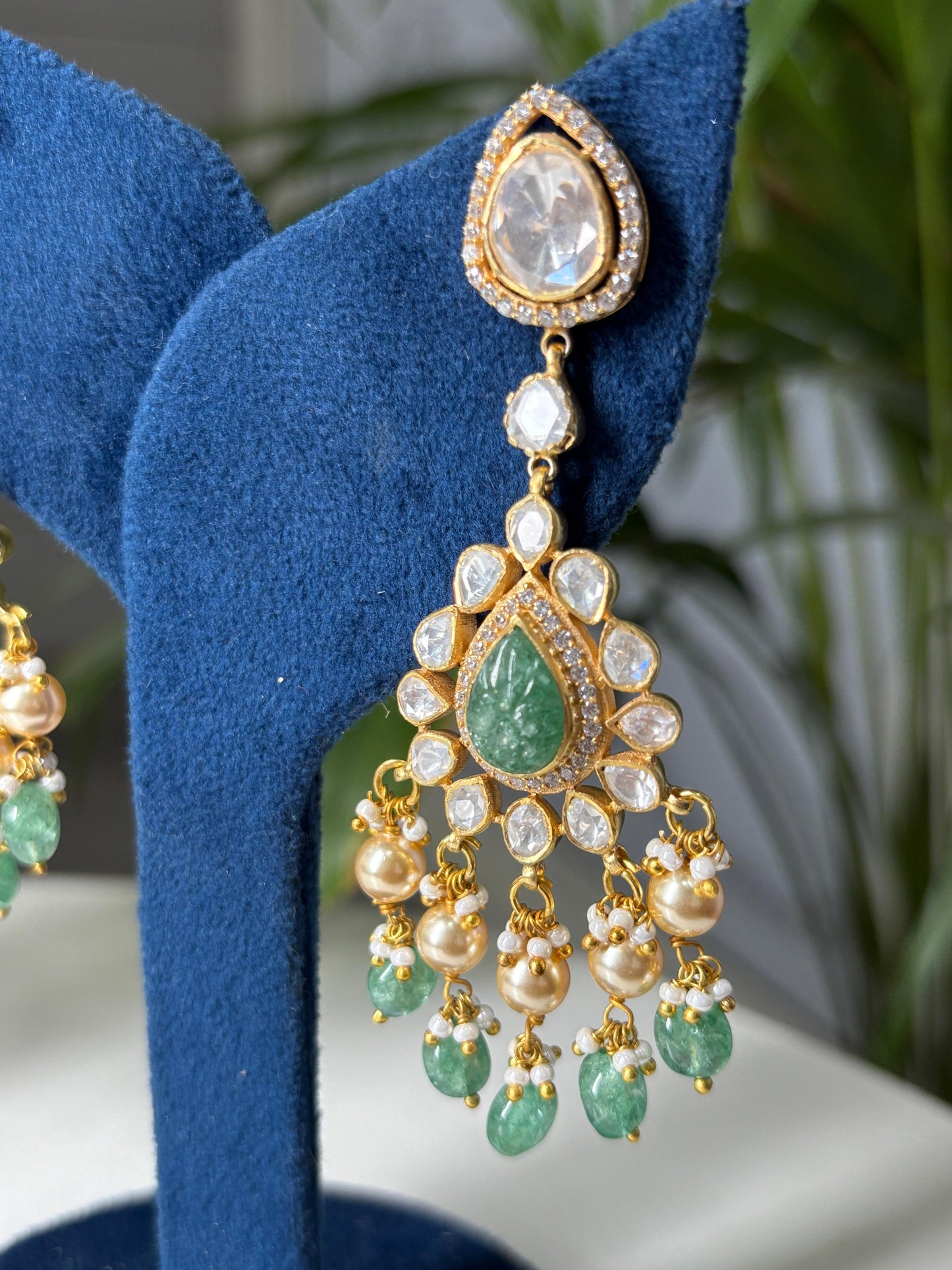 Moissanite Polki Emerald Earrings