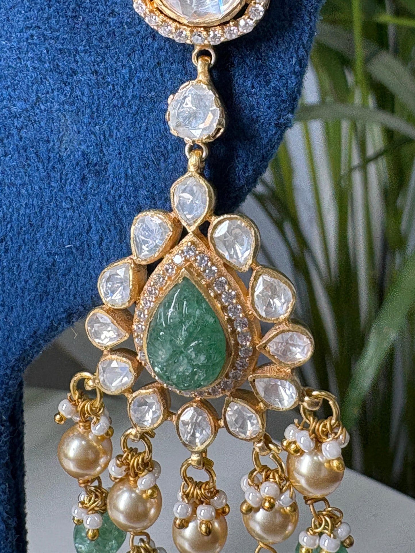 Moissanite Polki Emerald Earrings