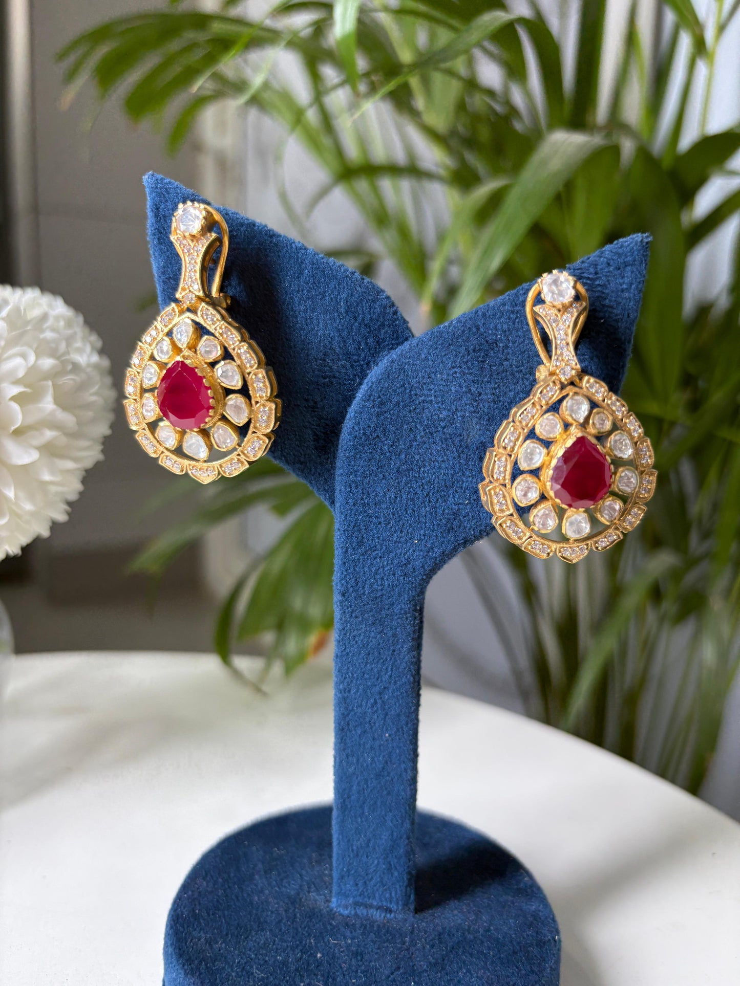 Moissanite Polki Floral Ruby Earrings