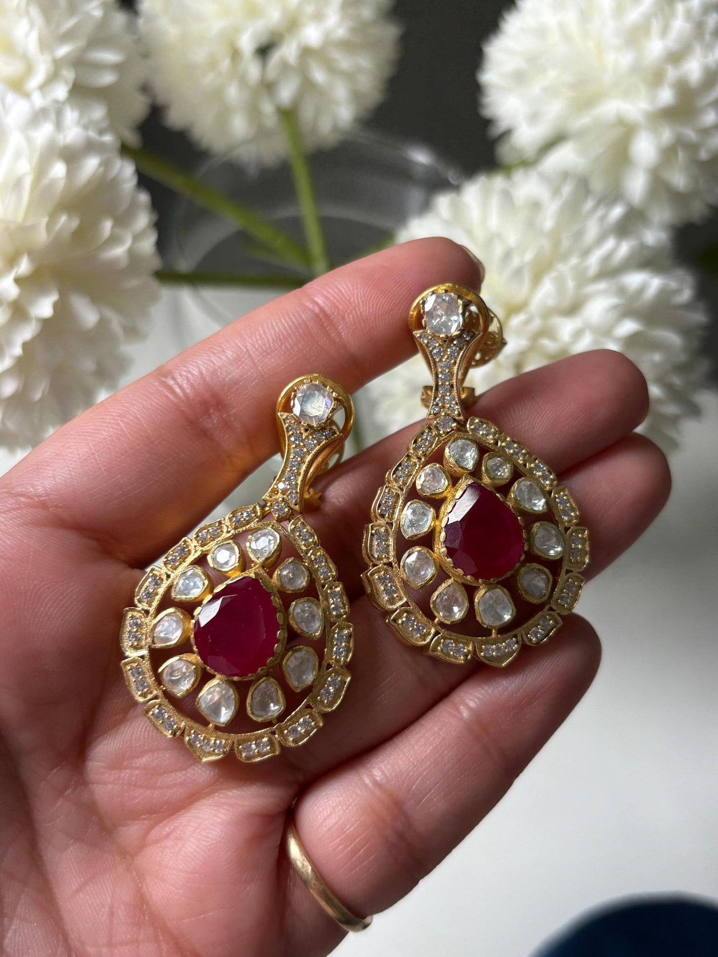Moissanite Polki Floral Ruby Earrings
