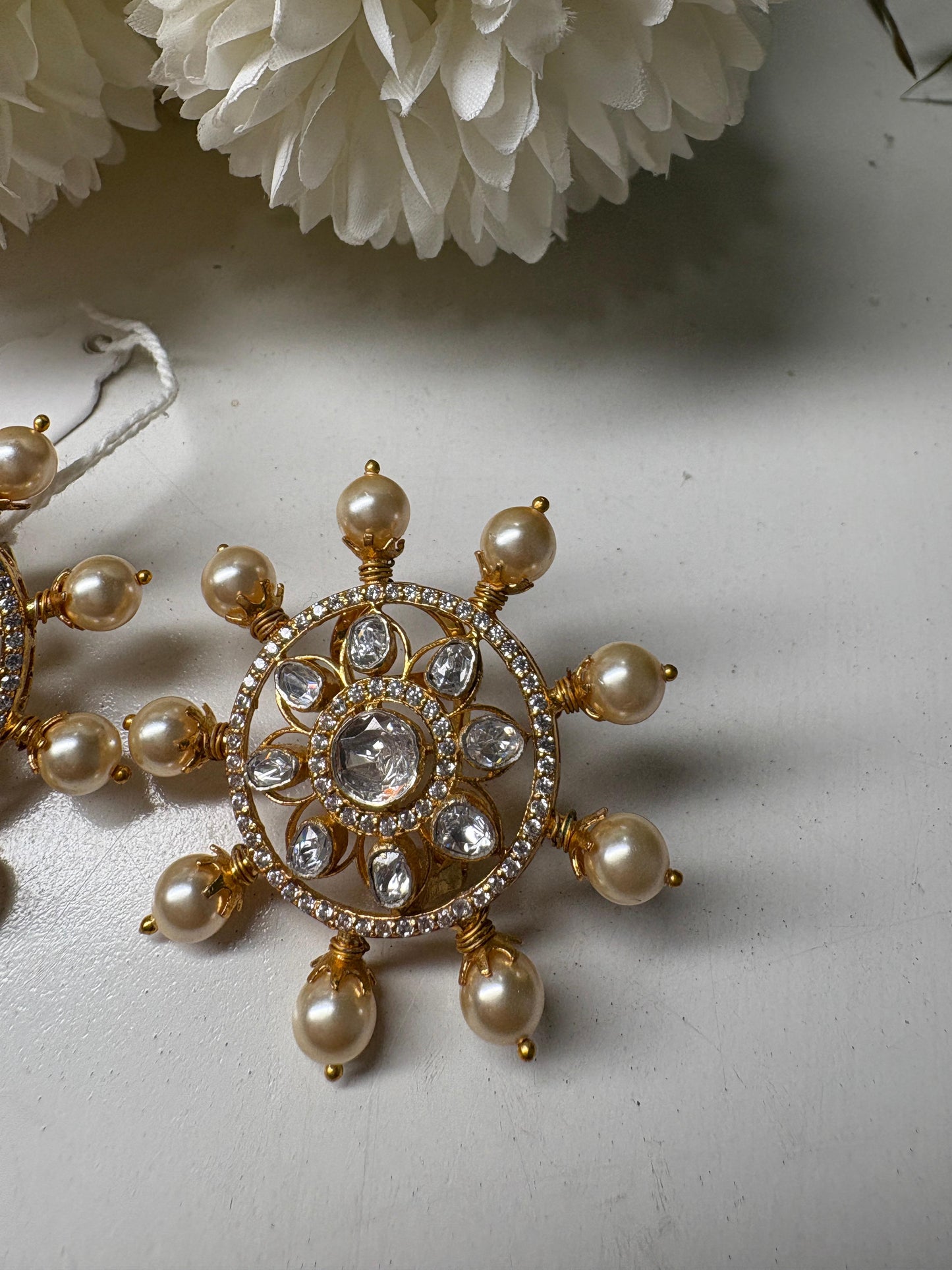Moissanite Polki Sun Pearl Earrings