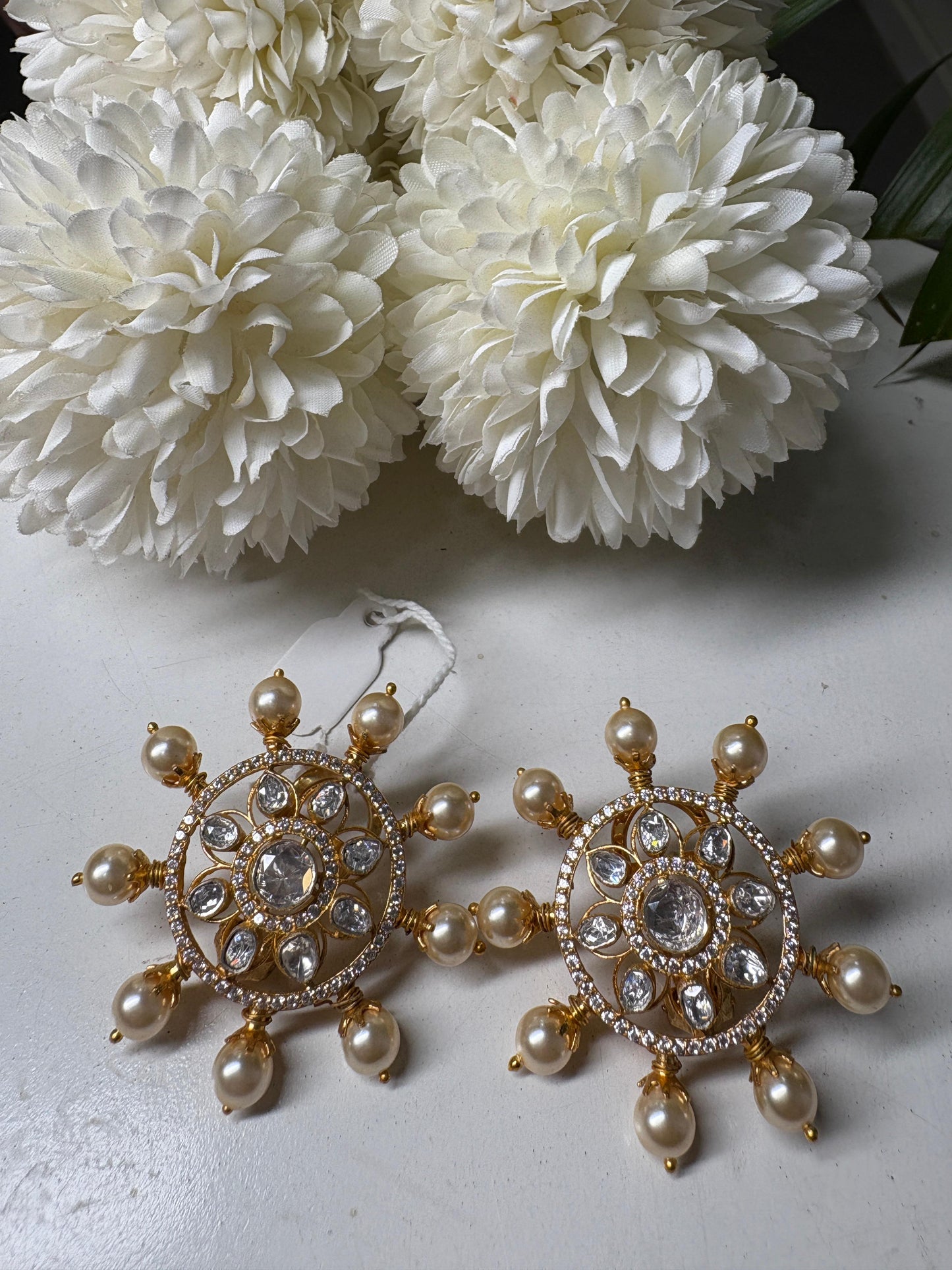 Moissanite Polki Sun Pearl Earrings