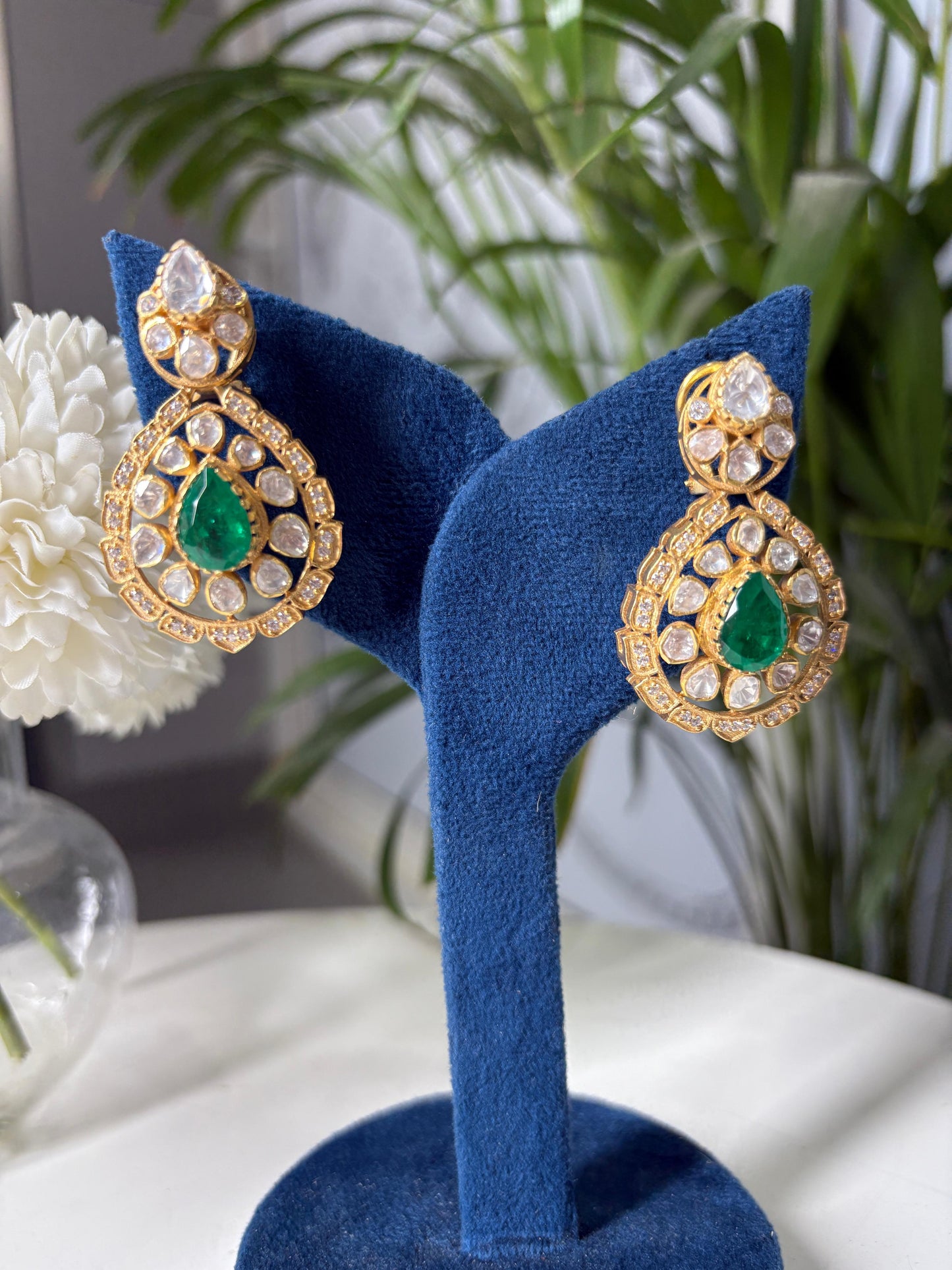 Emerald Moissanite Polki Dangler