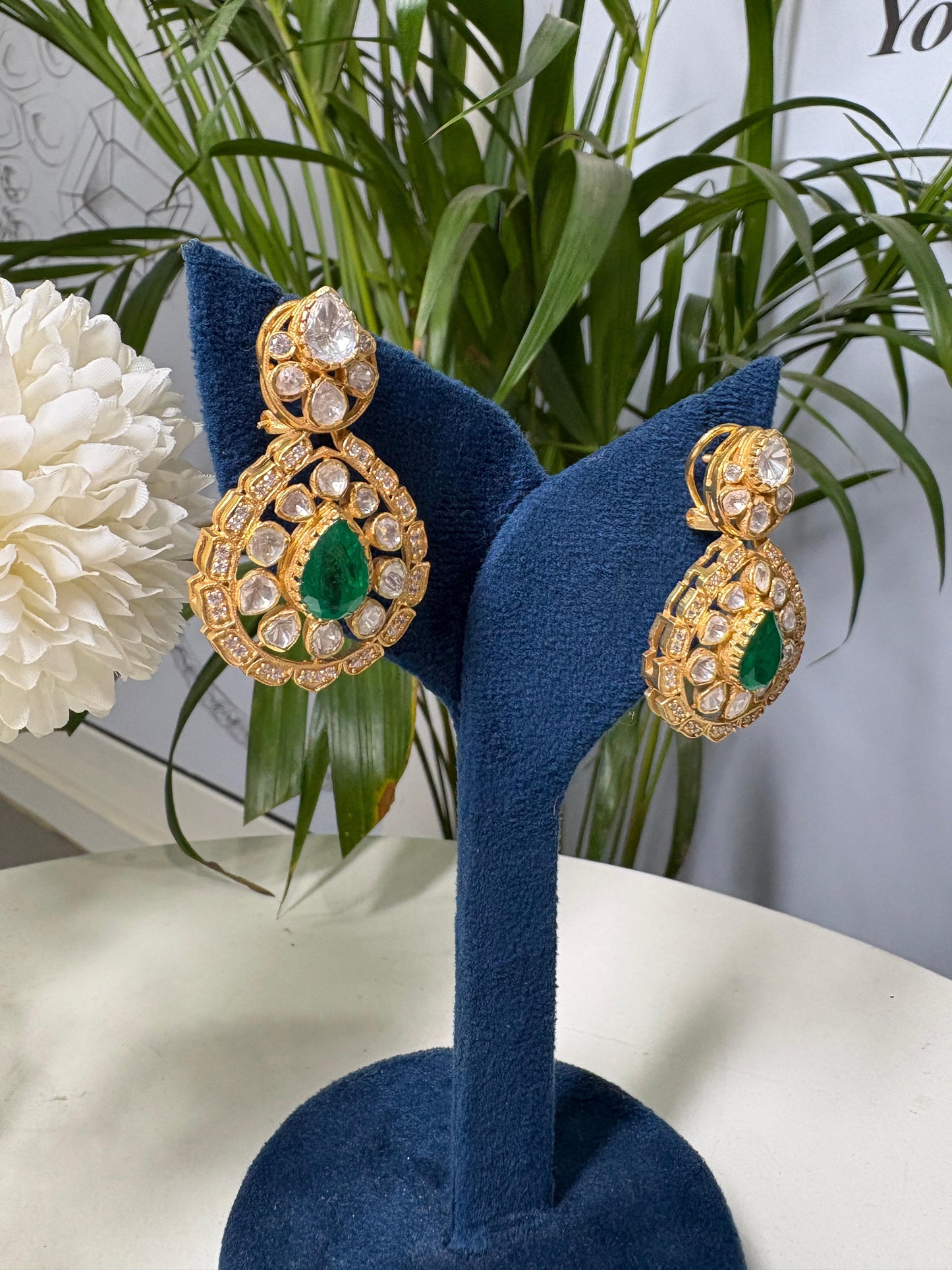 Emerald Moissanite Polki Dangler