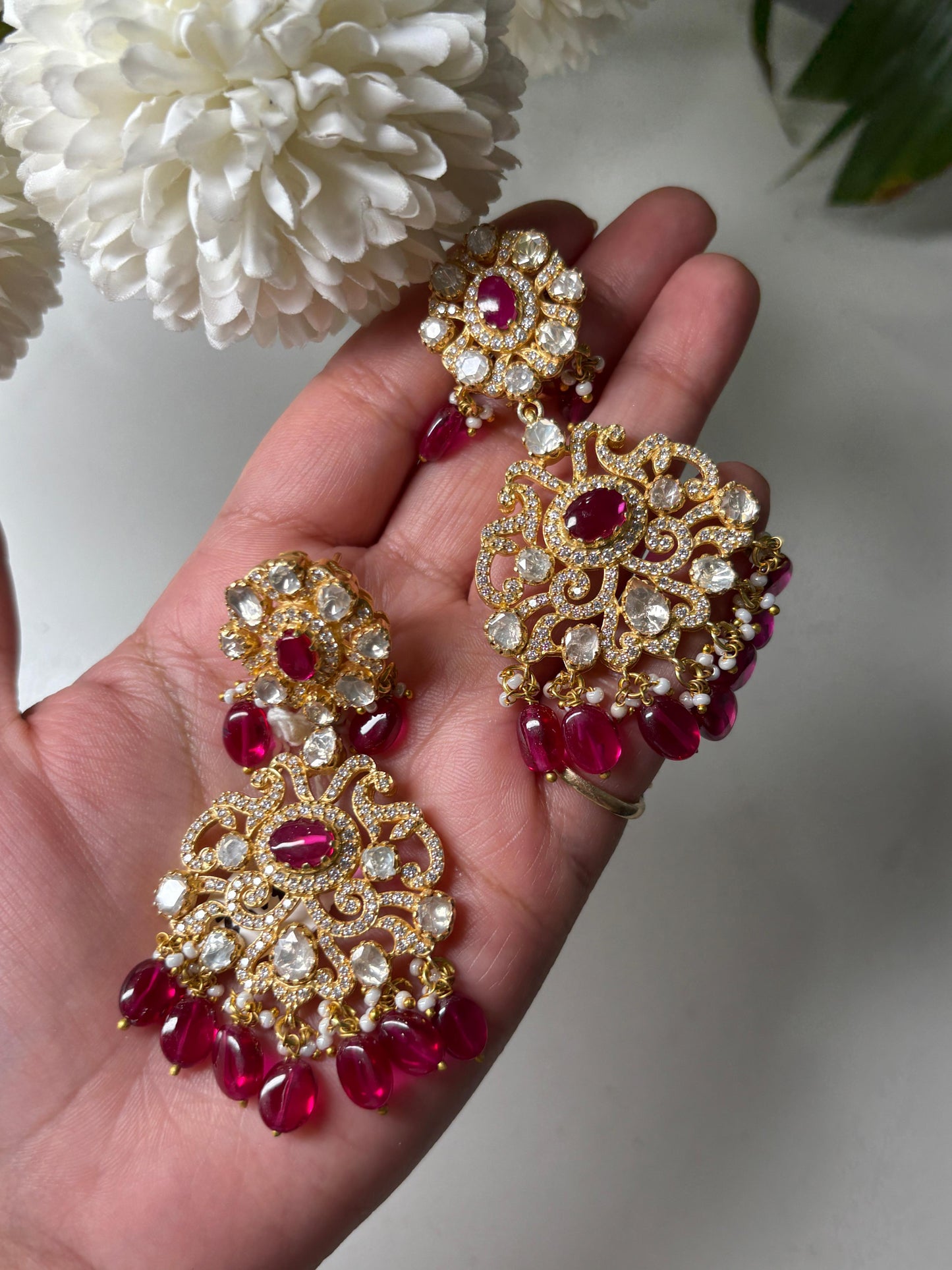 Moissanite Polki Ruby Danglers
